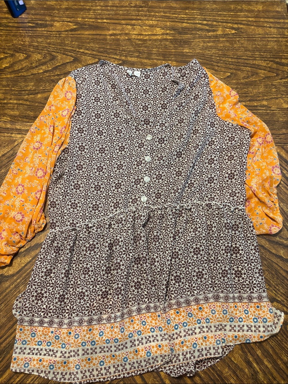 Cato Mixed-Print Peasant Tunic in Brown and Orange